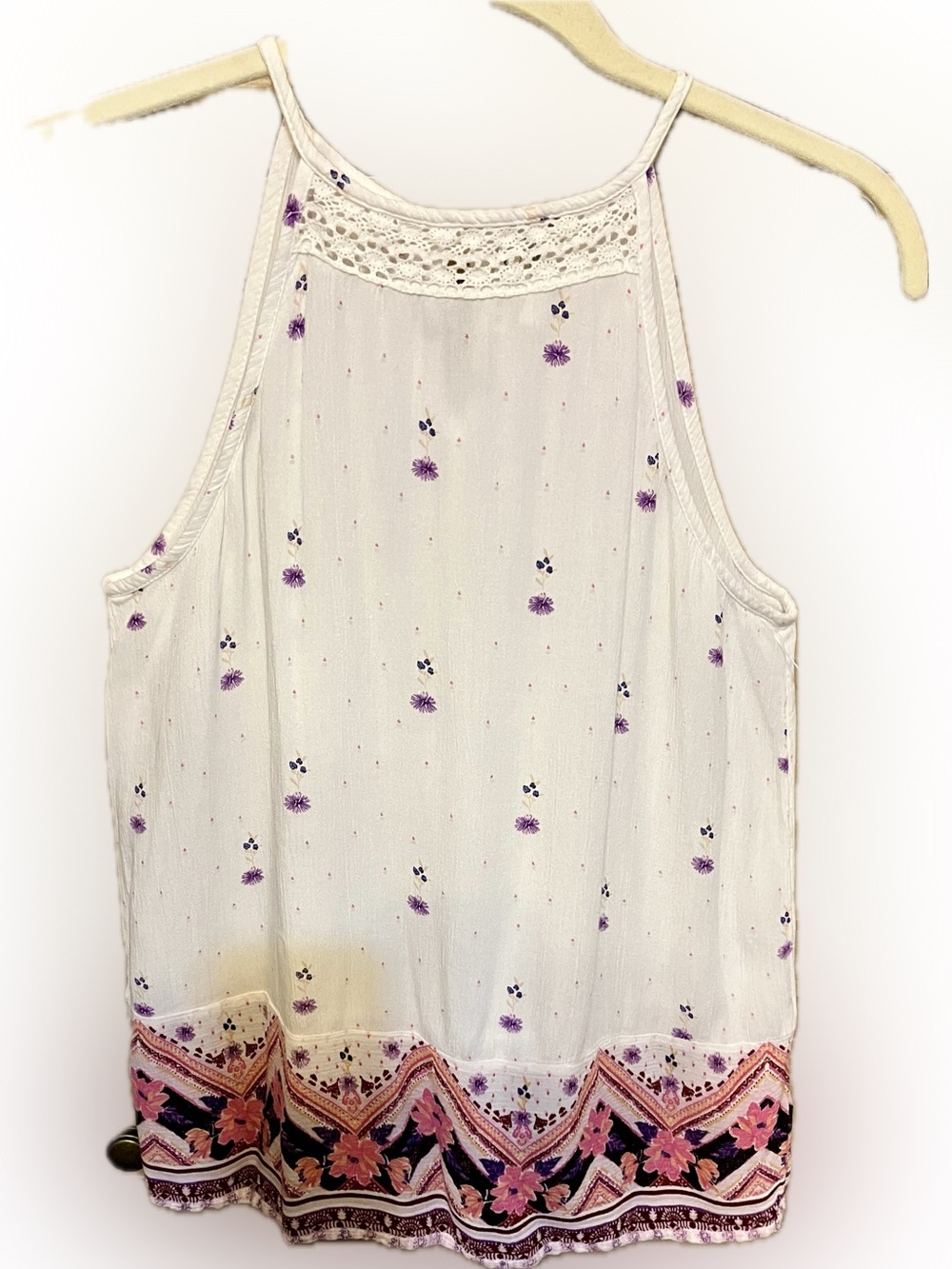 Mudd Cream Halter Tank with Purple Floral and Pink Border